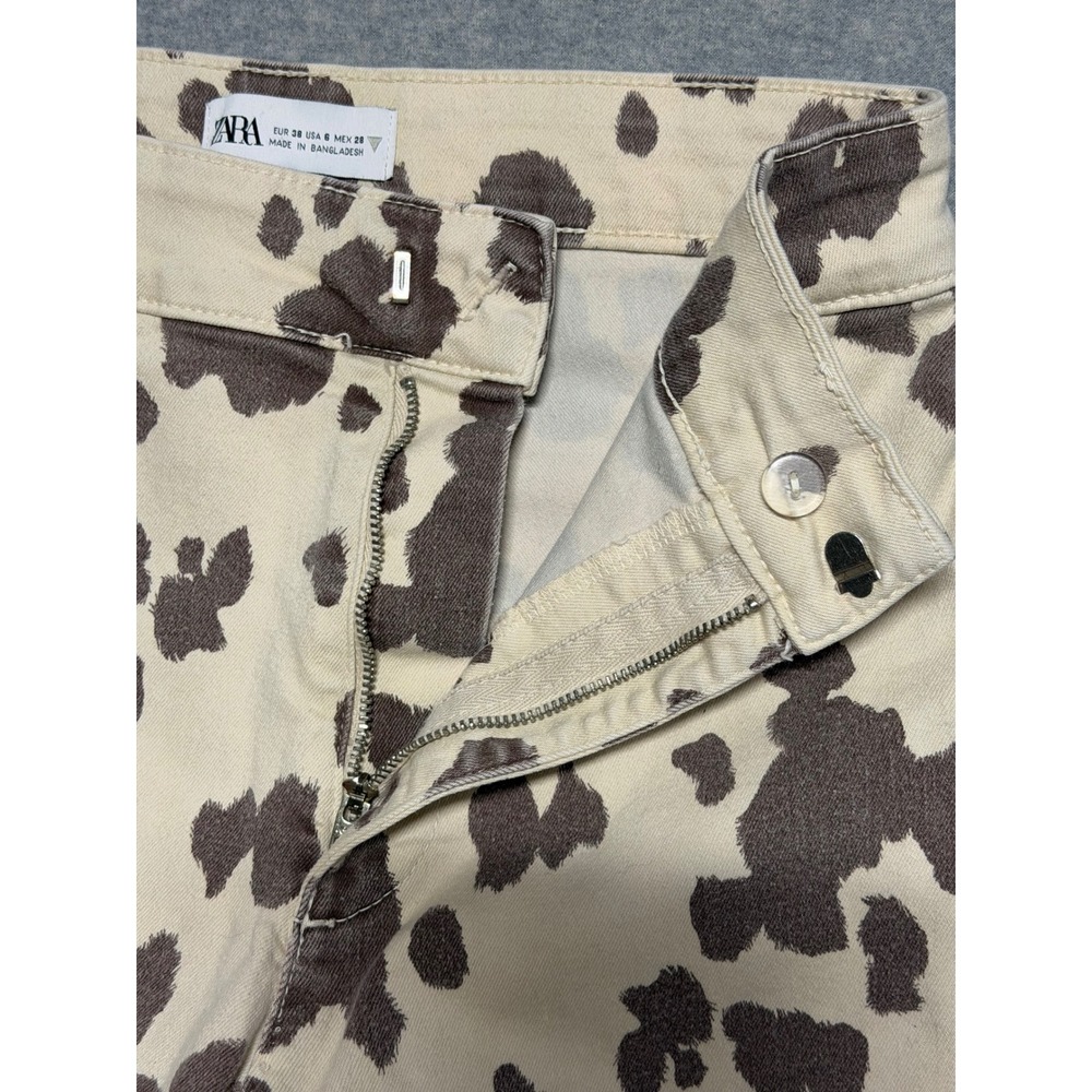 Zara Cow Print High Waisted‎ Flare Stretch Jeans Brown Cream Womens Sz  6 - Picture 6 of 7